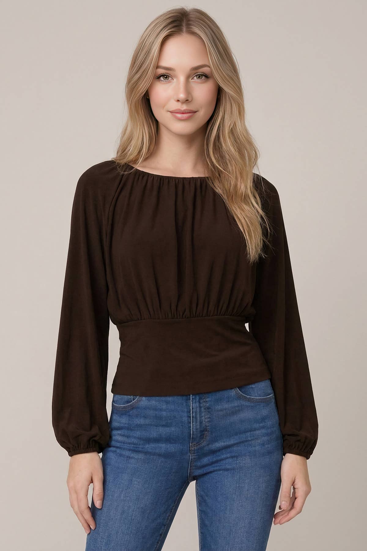 SOFT BRUSHED KNIT FLOWY RUCHED BALLOON SLEEVE TOP - 45980T