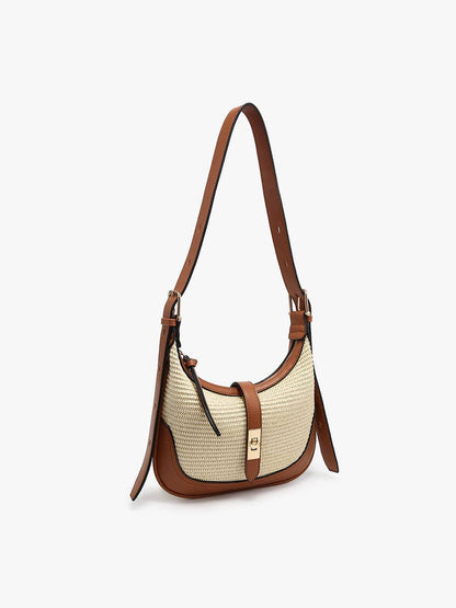 Ariana Straw Shoulder Bag w/ Top Zip & Twist-Lock Closure Purse