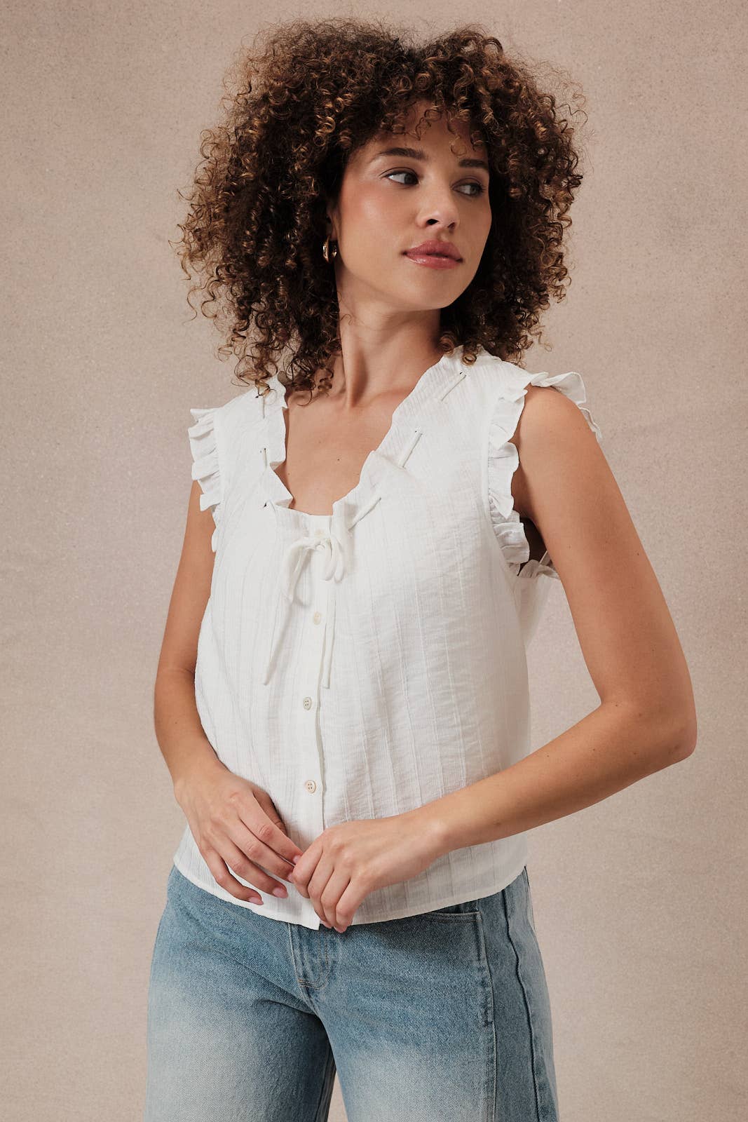 Lace Through Scoop Neck Sleeveless Button Up Top With Ruffle