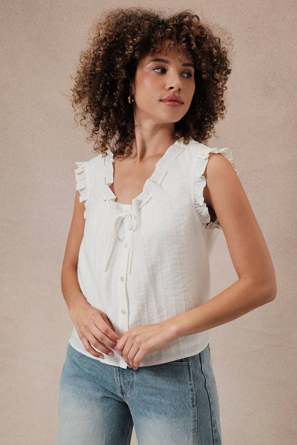 Lace Through Scoop Neck Sleeveless Button Up Top With Ruffle