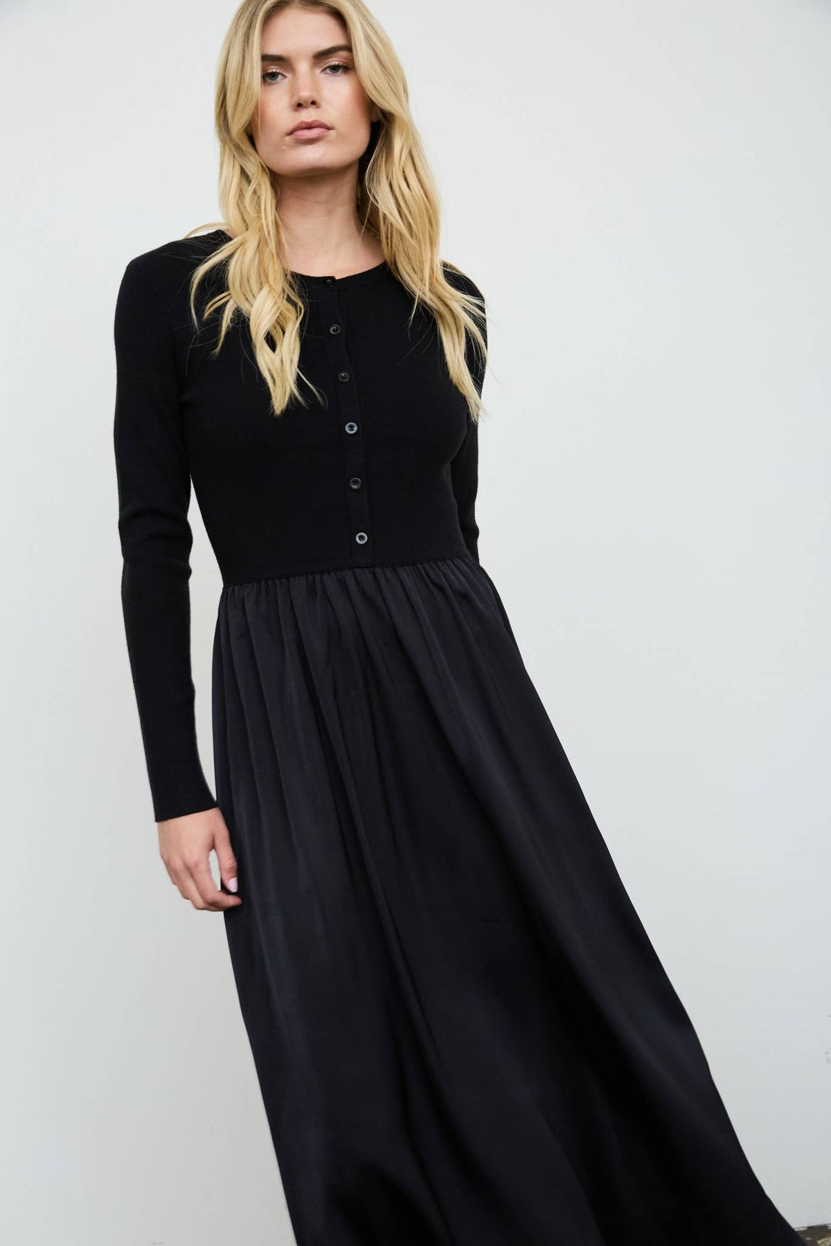 Knit Cardigan Satin Skirt Twofer Midi Dress