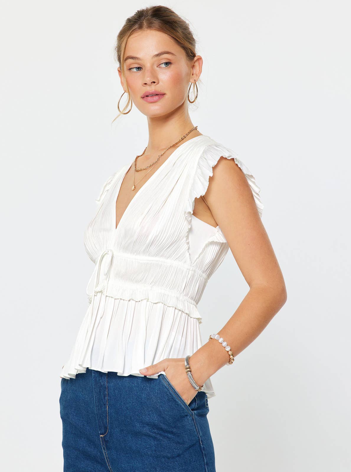 V-Neck Pleated Peplum Blouse