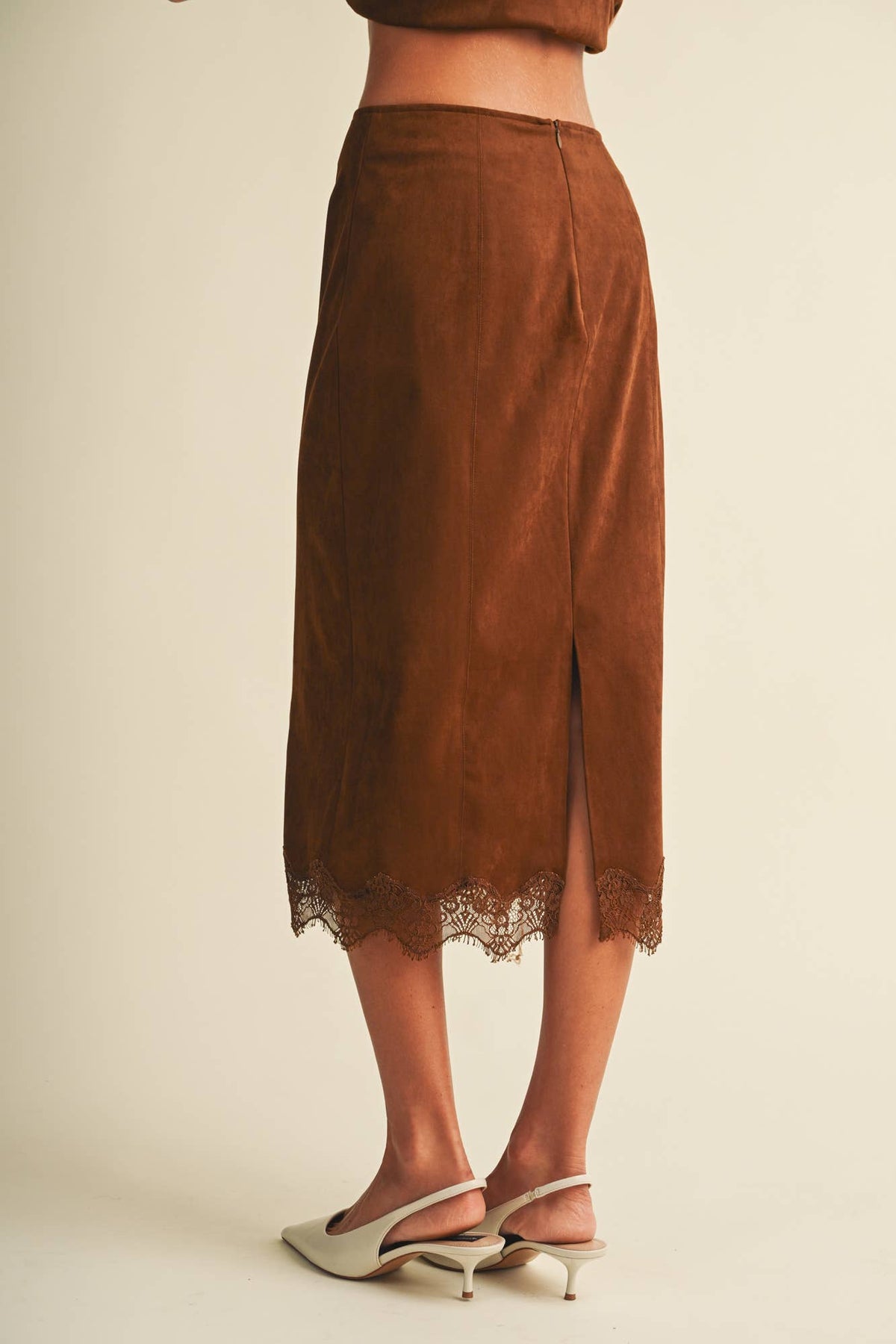 Scallop-Trim Microsuede Midi Skirt