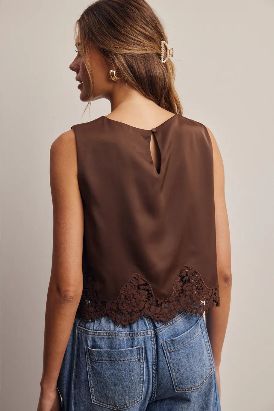 Forte brown satin sleeveless top with scalloped lace hem trim, back view