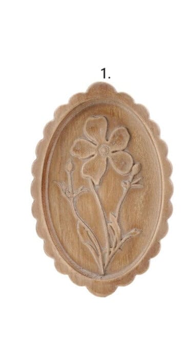 Wood Scalloped Wall Décor w/ Laser Etched Botanicals, Natural, 2 Styles