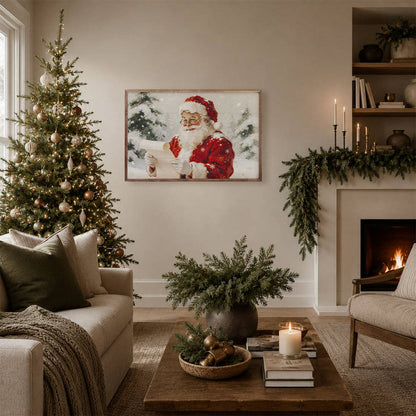 Framed Santa Claus wall art displayed in a cozy Christmas-decorated living room