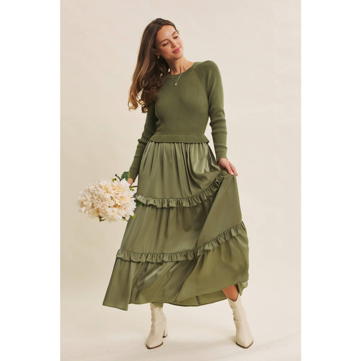 COMFORTABLE SWEATER AND SATIN TWOFER MAXI DRESS