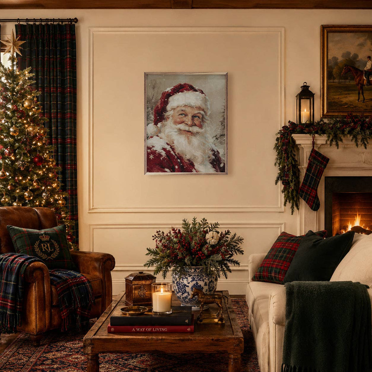 Storybook Santa framed canvas print displayed in a cozy Christmas living room