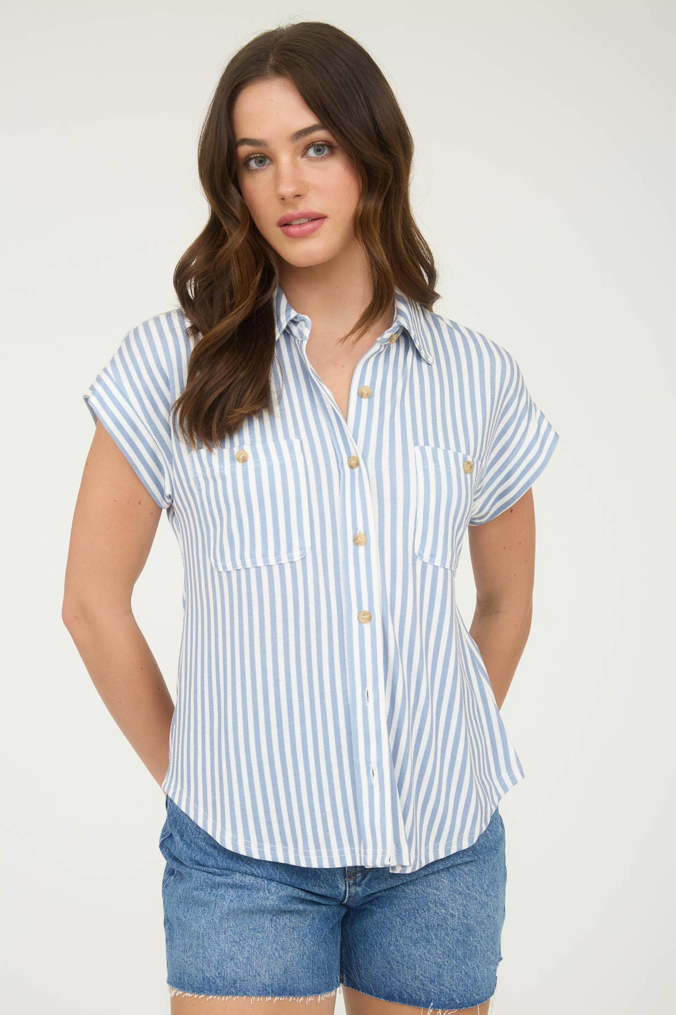 Blu Pepper blue white striped short sleeve collared button down shirt with chest pockets