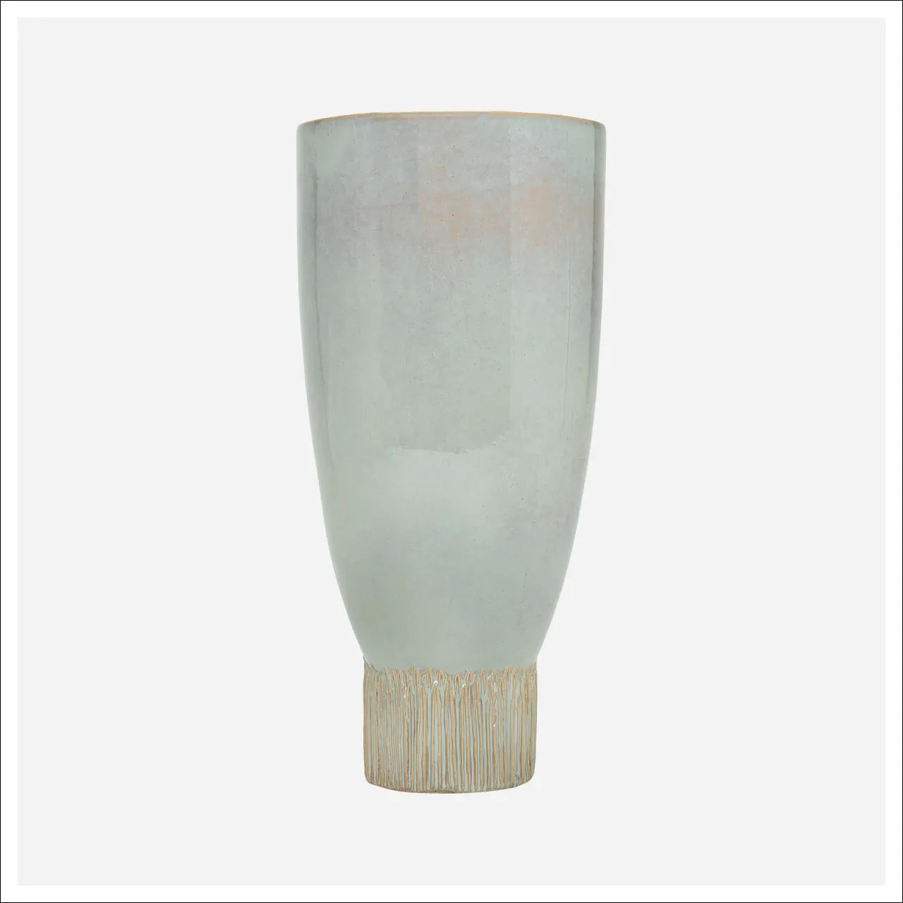 Tall ceramic vase with pale sage glaze and textured ribbed beige base