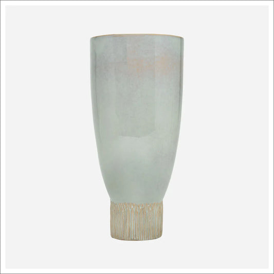 Tall ceramic vase with pale sage glaze and textured ribbed beige base