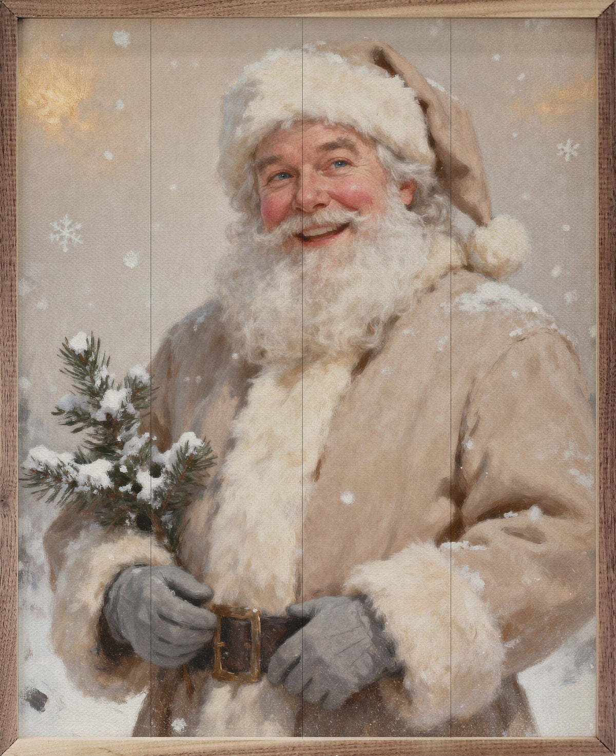 Framed oil painting of Santa Claus in tan coat holding snow-dusted pine branch