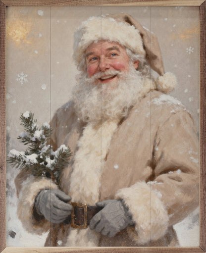 Framed oil painting of Santa Claus in tan coat holding snow-dusted pine branch