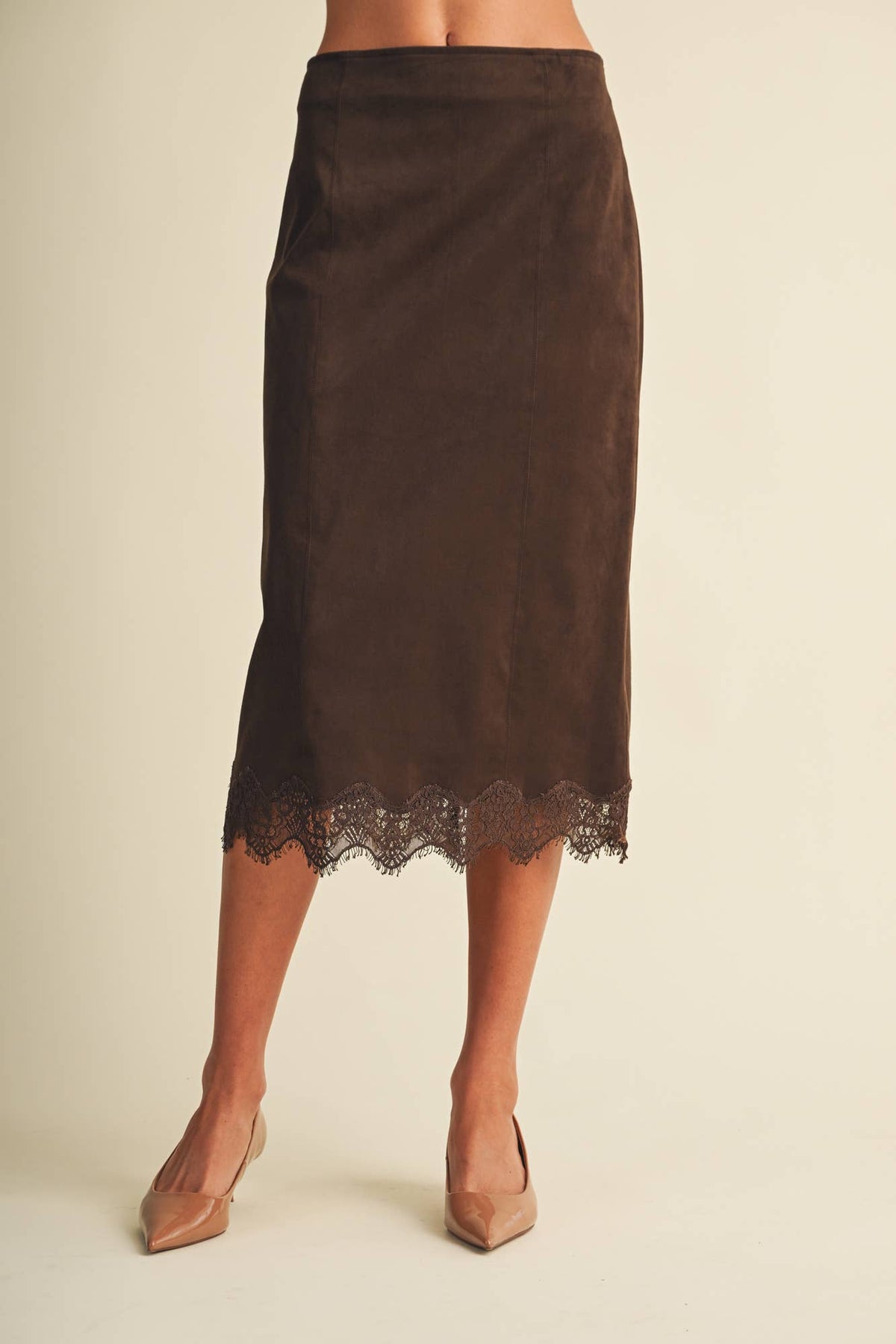 Scallop-Trim Microsuede Midi Skirt
