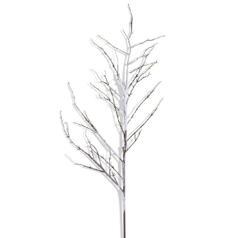 Tall bare branch spray with white snow flocking and small twigs, front view