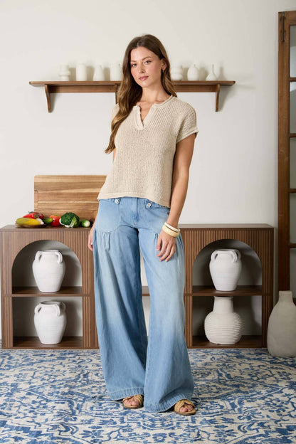 Split Neck Raw Edge Short Sleeve Top