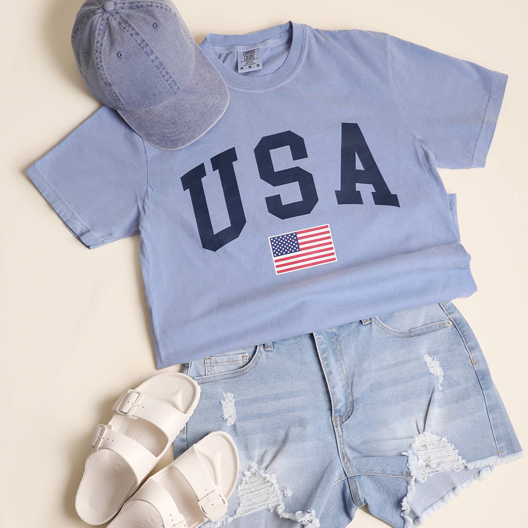 **Pre-Order**  USA American Flag Varsity Garment-Dyed Heavy Cotton T-Shirt
