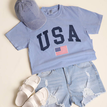 **Pre-Order**  USA American Flag Varsity Garment-Dyed Heavy Cotton T-Shirt