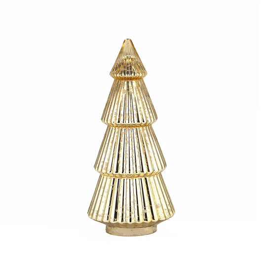 Gold mercury glass Christmas tree figurine with ribbed tiered design, 14.5 inches tall