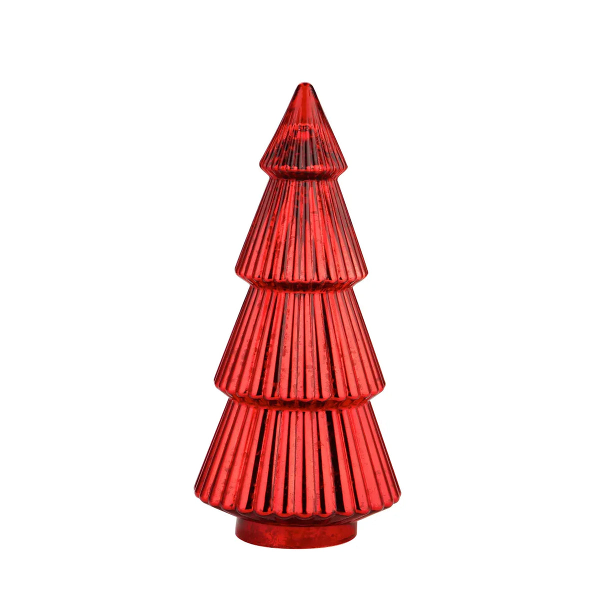 Red mercury glass Christmas tree figurine with ribbed tiered design, 14.5 inches tall