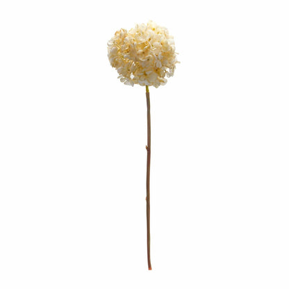 Single artificial hydrangea bloom on a long stem, cream-colored clustered petals, white background