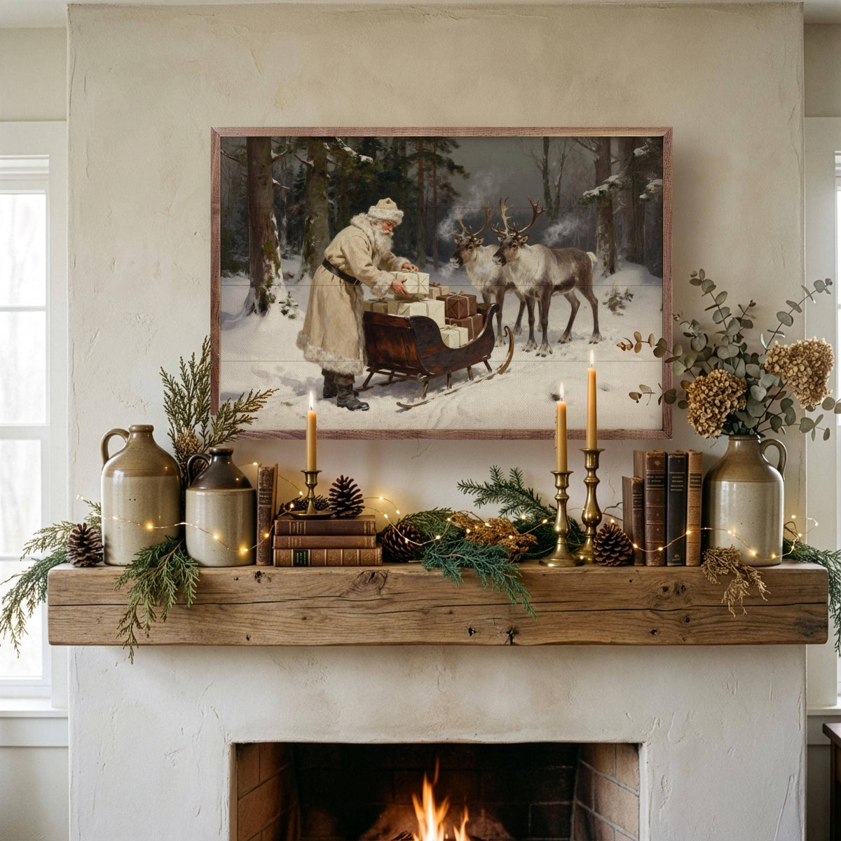 Vintage Santa reindeer sleigh art print displayed above rustic fireplace mantel