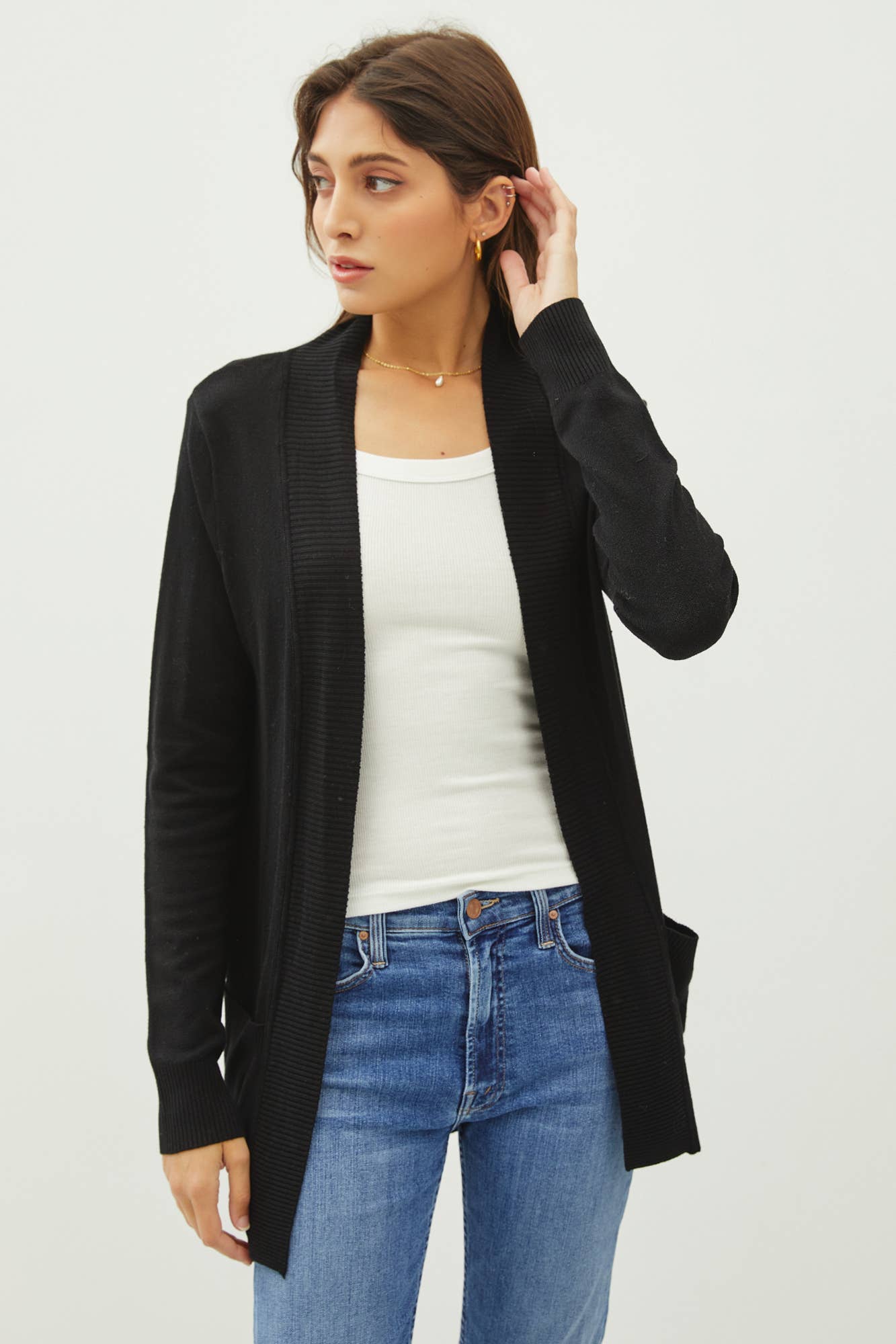 Cotton Blend Knit Open Front Cardigan