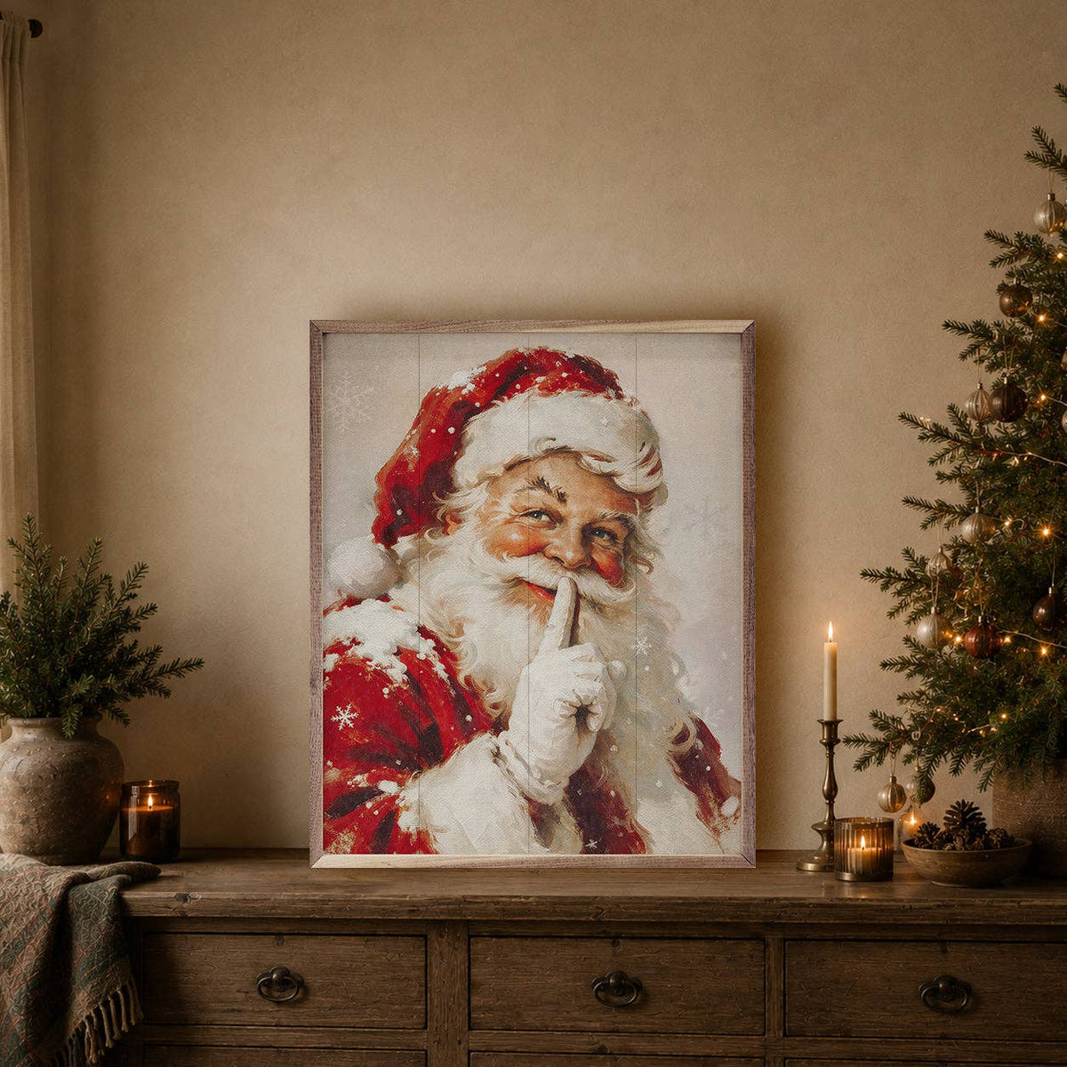 Framed vintage Santa Claus wall art with shushing gesture, red suit, white beard