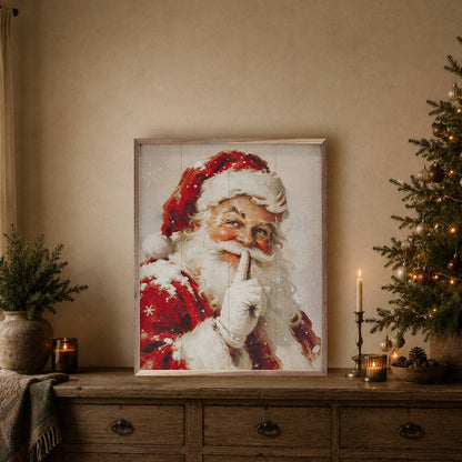 Framed vintage Santa Claus wall art with shushing gesture, red suit, white beard
