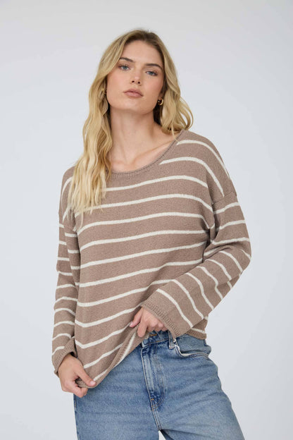 STRIPE TEXTURED RAW EDGE LONG SLEEVE KNIT SWEATER