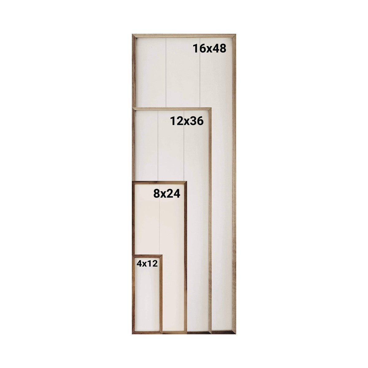 Four nested wood-framed canvas size comparisons: 4x12, 8x24, 12x36, and 16x48 inches