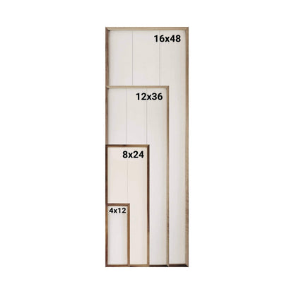 Four nested wood-framed canvas size comparisons: 4x12, 8x24, 12x36, and 16x48 inches
