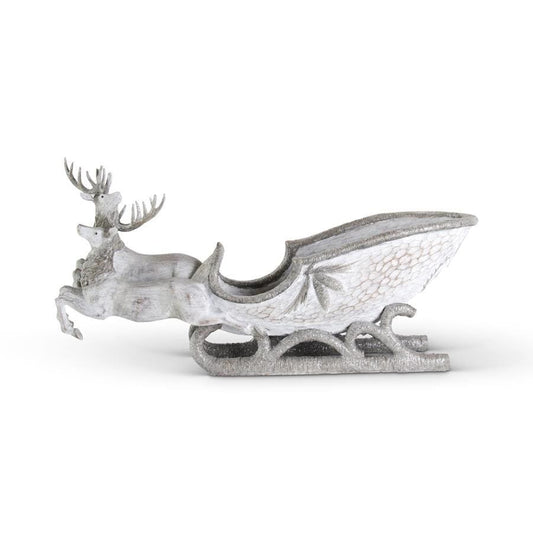 25 Inch White and Gray Washed Resin Sleigh with 2 Deer