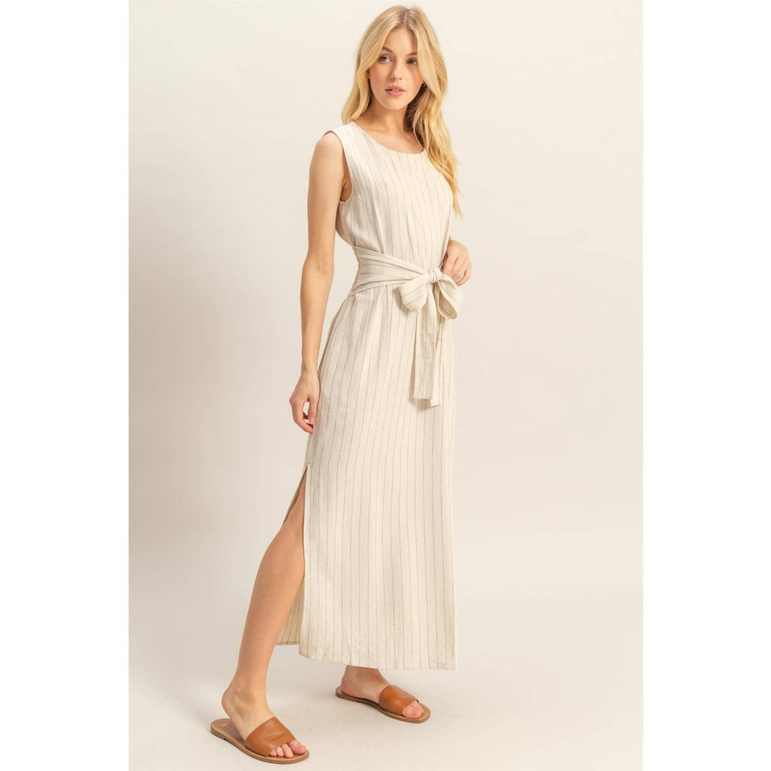 Striped rayon linen side slit maxi dress