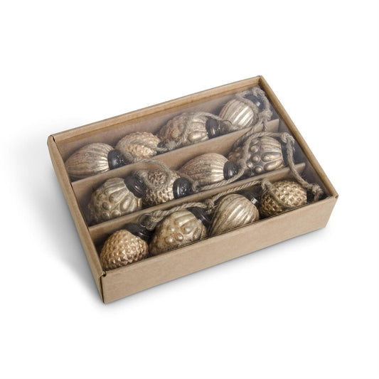 Box of 12 Mini Light Brown Mercury Glass Acorn Ornaments