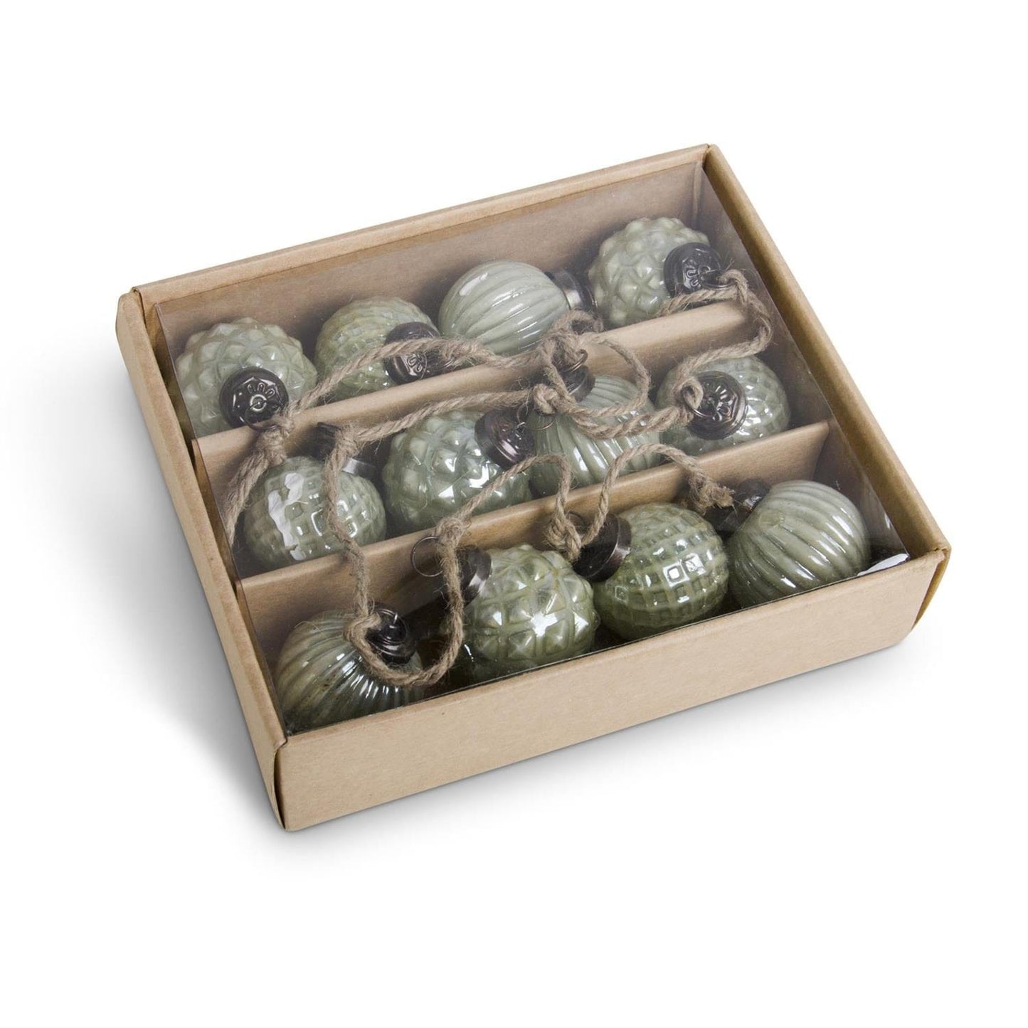 Box of 12 Mini Green Mercury Glass Round Ornaments