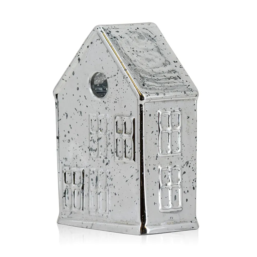 Silver mercury glass ceramic village house figurine with speckled antique patina and embossed windows