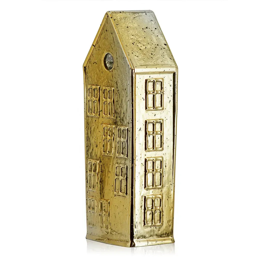 Gold mercury glass village house figurine with embossed windows, 9.8 inches tall