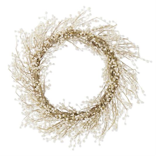 20 inch Gold Glittered Twig Wreath w/Pearls on Vine Base
