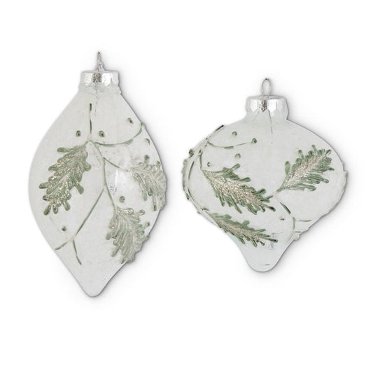 Snowy Clear Glass Onion & Teardrop Ornaments with Green, 2 Styles