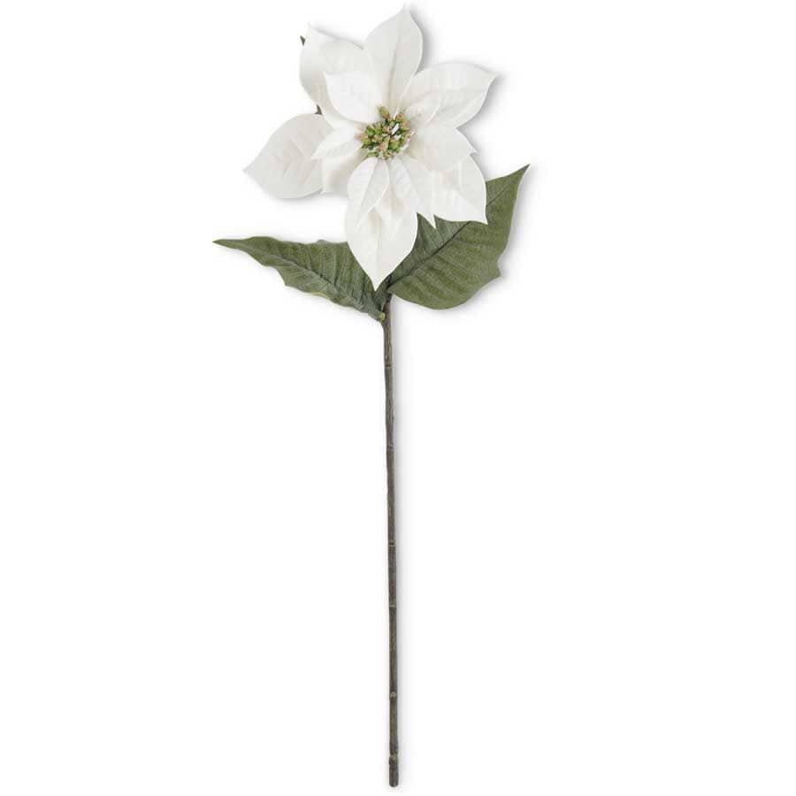Single white poinsettia artificial stem with green leaves and small center buds