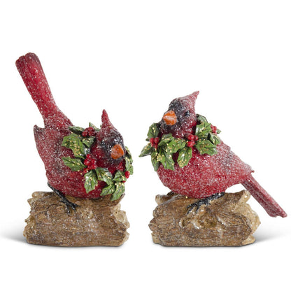 Assorted Glittered Resin Cardinals with Holly Wreaths Perched on Log, 2 Styles