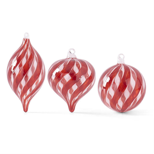 Assorted Red & Clear Glass Swirled Ornaments (3 Styles)