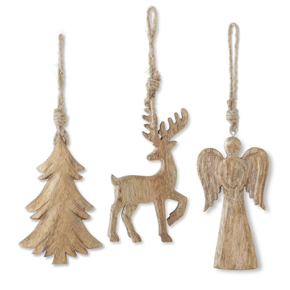 6 Inch Mango Wood Holiday Ornaments with Jute Hangers, 3 Styles
