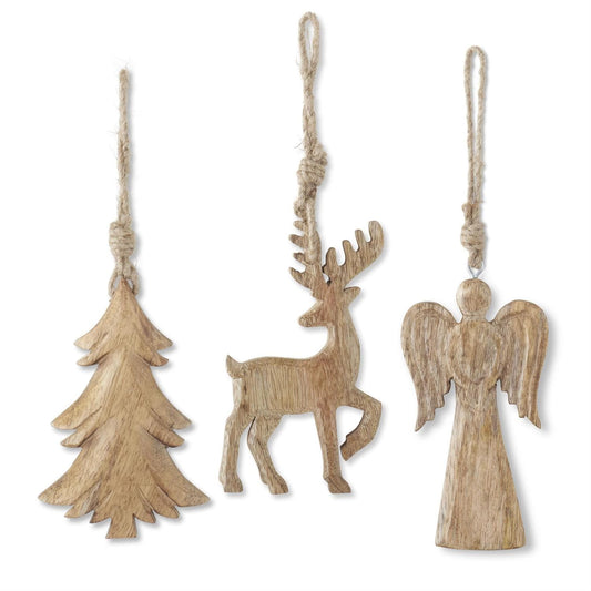 6 Inch Mango Wood Holiday Ornaments with Jute Hangers, 3 Styles