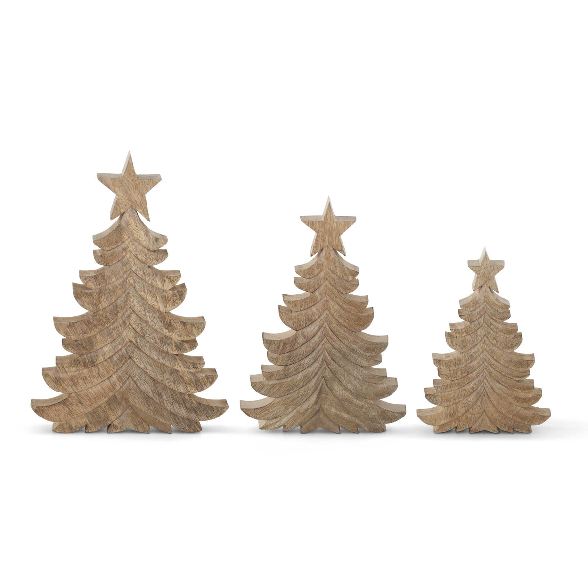 Set of three graduated mango wood carved Christmas trees with star toppers, front view