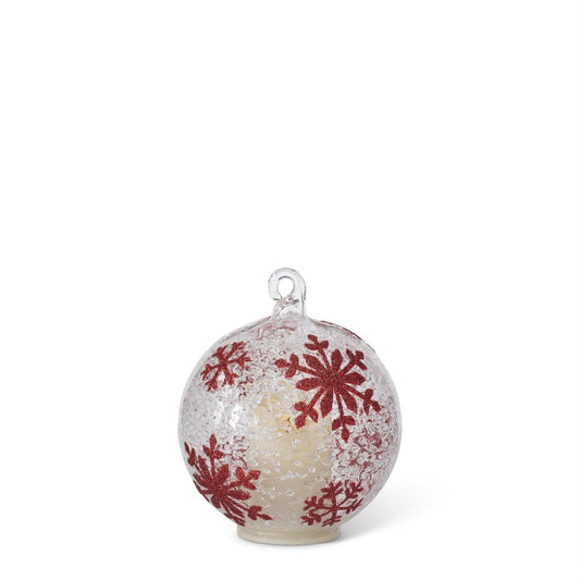4 Inch Iced Clear Glass Red Snowflakes LED Flicker Flame Ornament with Timer