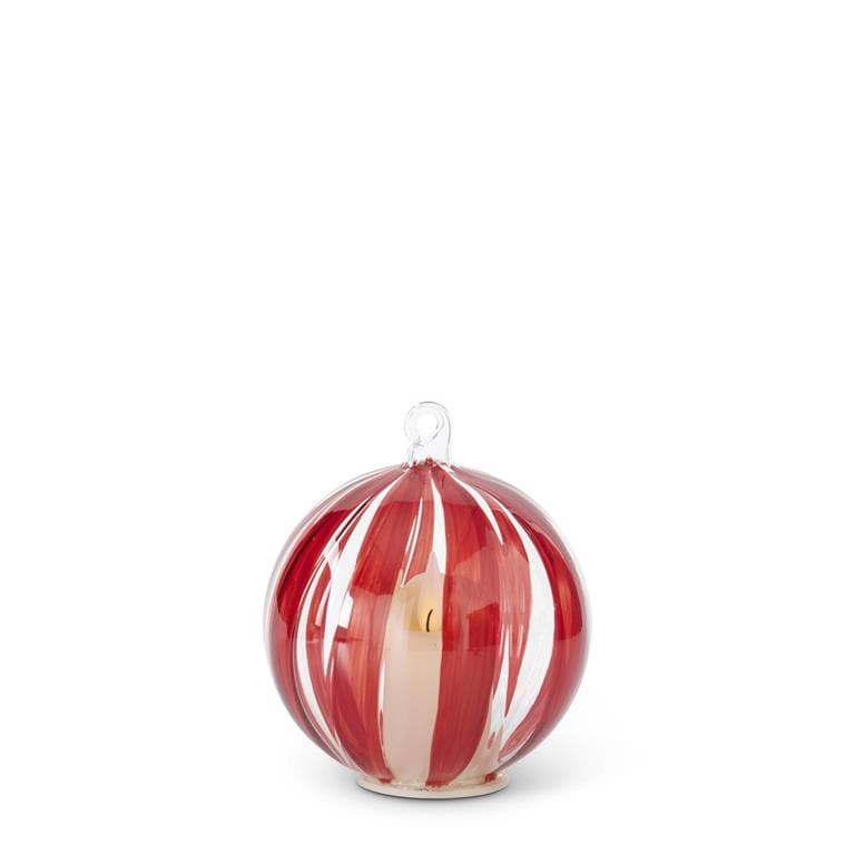 4 Inch LED Hand-painted Red Stripe on Clear Glass Ornament w/Timer