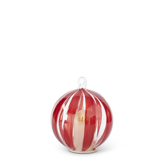4 Inch LED Hand-painted Red Stripe on Clear Glass Ornament w/Timer
