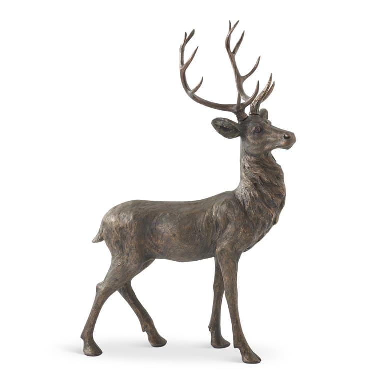 Large bronze-finished stag deer statue standing in profile with detailed antlers, side view